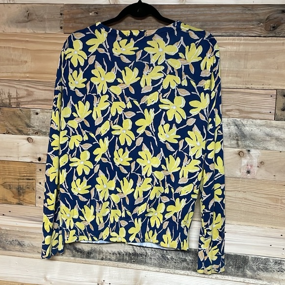 Lands’ End size medium navy with yellow floral button down crewneck cardigan - Picture 7 of 7